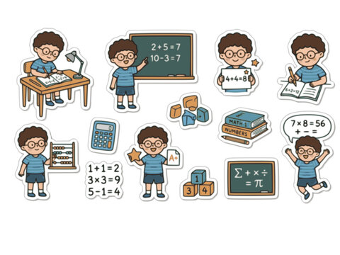 Child Boy Math Student Sticker. Flat Vector Minimalist Kid Solving Education Equations Illustration.