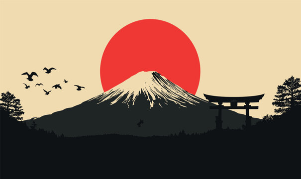 Minimalist Japanese landscape vector illustration featuring Mount Fuji silhouette, large red rising sun, traditional Torii gate, and flying birds in a vintage travel poster art style.