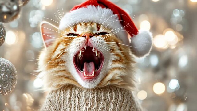 Festive cat yawning in santa hat and sweater surrounded by christmas decorations