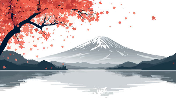 Stunning Japanese Autumn Landscape Vector Illustration of Mount Fuji with Vibrant Red Maple Leaves Over a Serene Lake - Perfect Background for Travel, Tourism and Seasonal Designs.