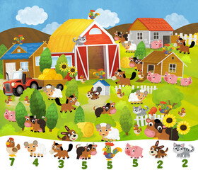 Naklejka premium cartoon summer scene with farm ranch enclosure backyard garden game of spotting elements illustration for children