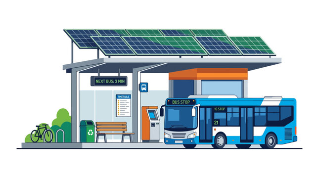 Eco friendly transportation hub, solar powered bus stop, electric vehicle charging station, green energy infrastructure isolated on White Background green EPS