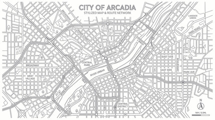 Obraz premium Stylized City Map of Arcadia, Route Network, Urban Grid, Street Plan, Vector Illustration