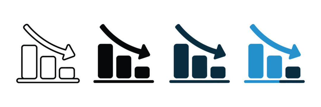 Four distinct minimalist graphic icons representing a negative financial downward trend with bar charts and curved arrows in a clean flat vector style for business