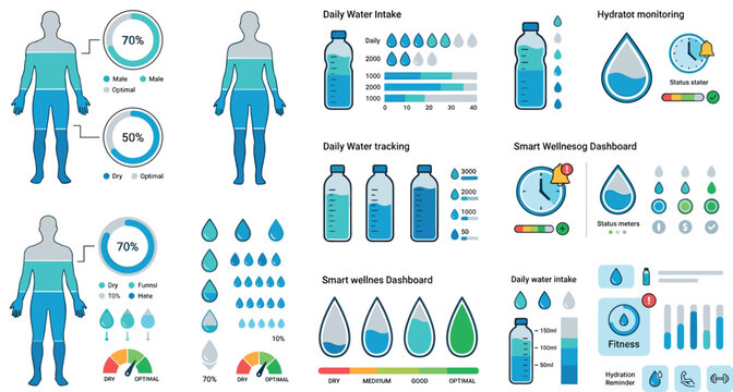 Human body hydration and daily water intake tracker infographic set featuring smart wellness dashboard elements charts metrics and liquid balance vectors