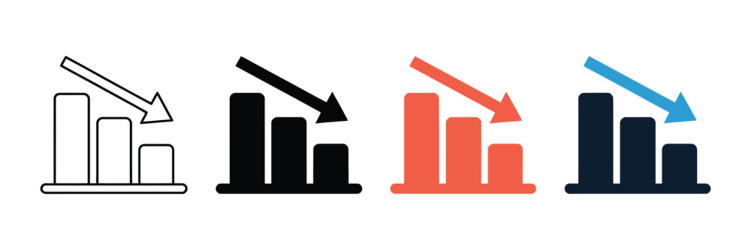 A set of four minimalist decreasing bar chart icons featuring clean lines and bold colors in flat style for professional business data visualization and analysis projects.