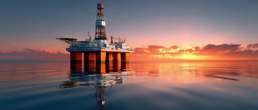 Offshore Oil Rig at Sunrise: An imposing offshore oil rig stands as a symbol of industrial might against the backdrop of a serene sunrise, its reflection shimmering on the calm ocean surface.