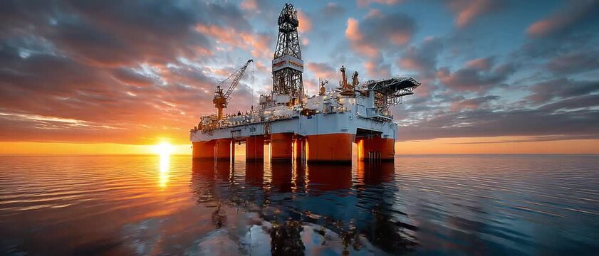 Oil Rig at Sunset: A massive oil drilling rig stands illuminated against a breathtaking sunset, its reflection shimmering on the calm ocean surface.