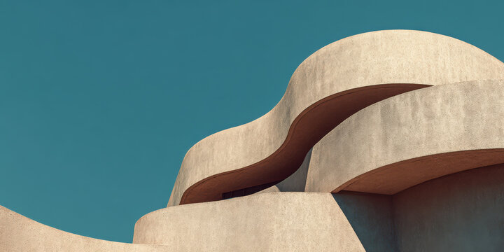 Abstract architectural details of a modern building with flowing curves and beige facade.