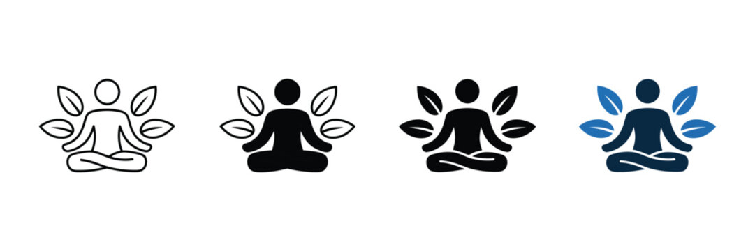 A set of four minimalist yoga meditation icons featuring a human figure sitting in a lotus position surrounded by decorative leaves in various graphic styles.