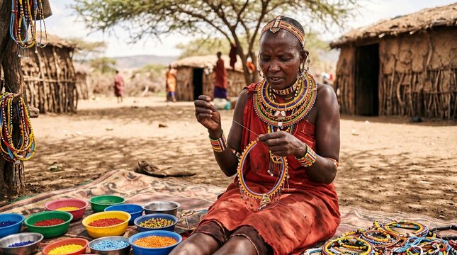 Authentic Maasai Woman Meticulously Crafting Colorful Traditional Beaded Jewelry in Africa.