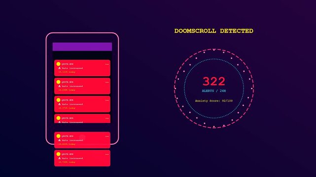 A digital mortgage rate anxiety display showing rising financial notification alerts on a dark purple screen interface as data values rapidly increase through a scrolling mobile animation
