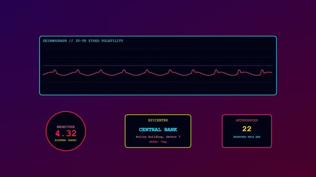 Mortgage rate anxiety is visualized through shifting digital cardiogram lines on a glowing monitor while financial metrics fluctuate rapidly across three panels of data in motion