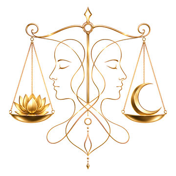 Celestial Balance Embodying Gemini's Duality with Golden Lotus and Crescent Moon Representing Harmony Serenity and Astrological Zodiacal Grace in Artistic Emblem. feelings emotions mental health psych
