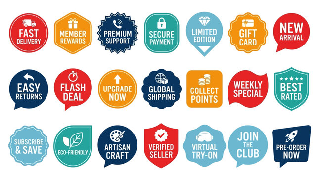 A vibrant collection of retail and e-commerce badges, icons, and labels, perfect for promotions and marketing campaigns