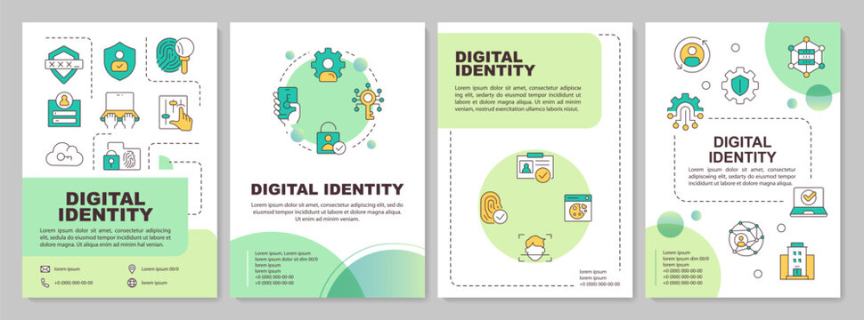 Digital identity green circle brochure layout. Biometric credential verification frameworks. Cybersecurity authentication protocols. Leaflet advertising design with color line icons. Editable 4 pages