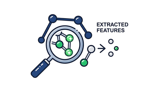 Magnifying glass isolating extracted features from a molecular structure with floating elements.