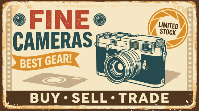 Vintage Fine Cameras Buy Sell Trade Sign - Best Gear for Photography Enthusiasts