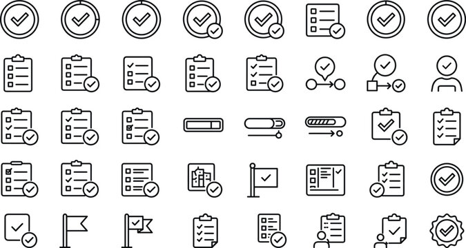 Project management and task completion line icon set featuring clipboard checklists checkmarks approved badges progress bars and workflow verification vectors