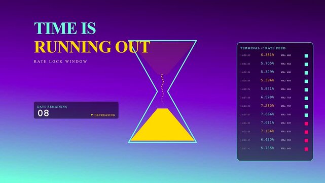 Visualizing mortgage rate anxiety via a digital hourglass countdown simulation showing changing financial market data trends within a glowing purple user interface for banking system analysis