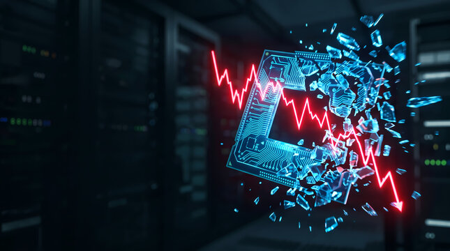 Shattered computer microchip with glowing red downward graph