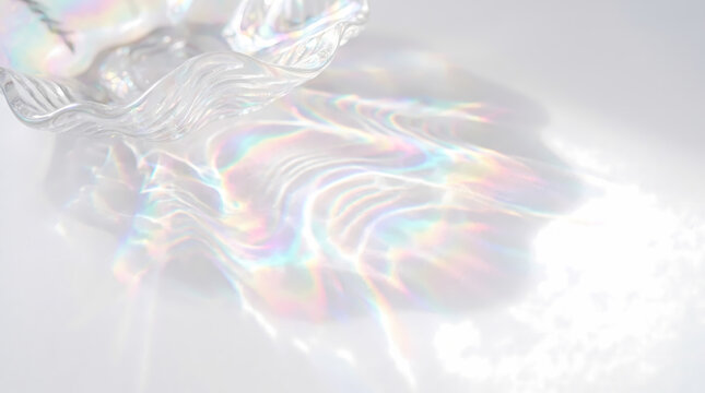 Iridescent clear glass bowl casting rainbow caustics on white table