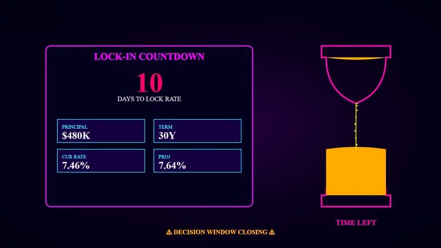 Mortgage rate anxiety is captured within this flickering digital interface showing shrinking hourglass icons and falling interest percentages over a period of many days elapsed