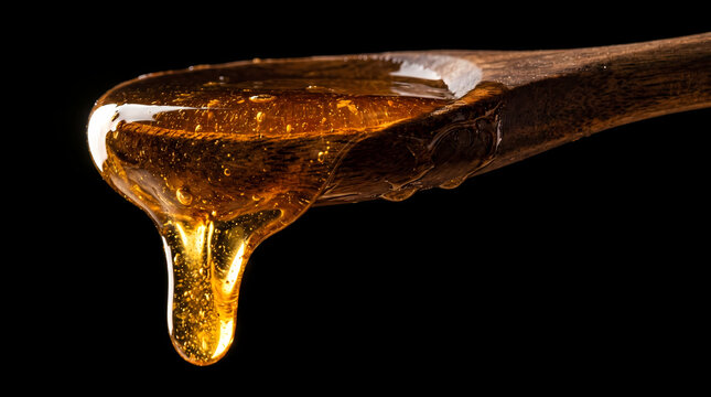 Thick golden honey dripping from wooden spoon against black background