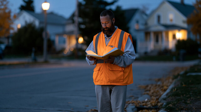 Neighborhood watch volunteer illuminated by single streetlamp at twilight blue hour, walking patrol route with logbook in hand, quiet residential street behind, autumn leaves