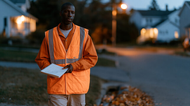 Neighborhood watch volunteer illuminated by single streetlamp at twilight blue hour, walking patrol route with logbook in hand, quiet residential street behind, autumn leaves
