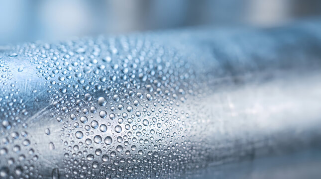 Macro photography of cold water condensation droplets on metal surface