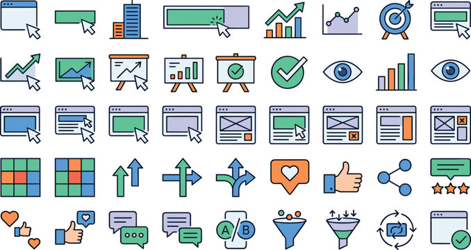 Digital marketing conversion optimization and web analytics line icon set featuring ab testing sales funnels user engagement and website data vectors