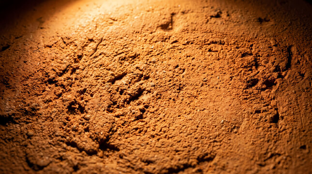 Macro texture of rough dry terracotta clay under warm spotlight