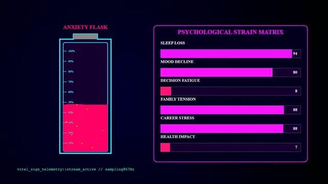 Monitoring mortgage rate anxiety via a digital interface displaying fluctuating life stress levels as numerical data points and bar graphs on a dark screen