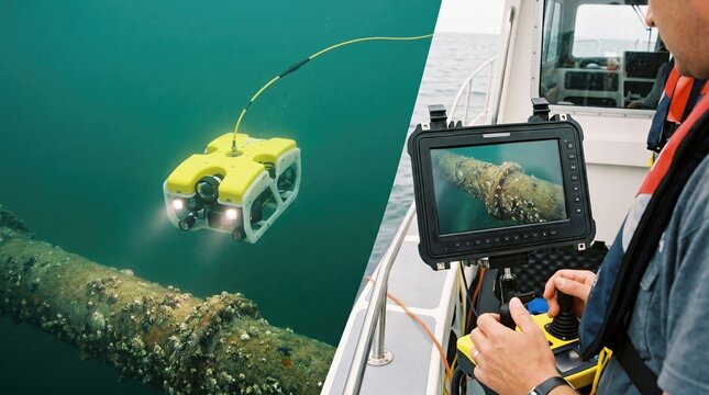 Underwater ROV Pipeline Inspection by Professional Technician on Boat for Subsea Infrastructure Maintenance and Offshore Industrial Surveying