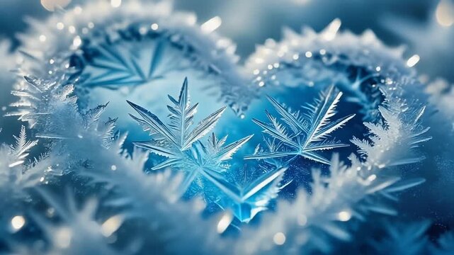 Extreme Macro Shot of Frozen Blue Crystalline Heart Structure with Intricate Snowflakes and Ice Details, Full HD Cold Winter Background