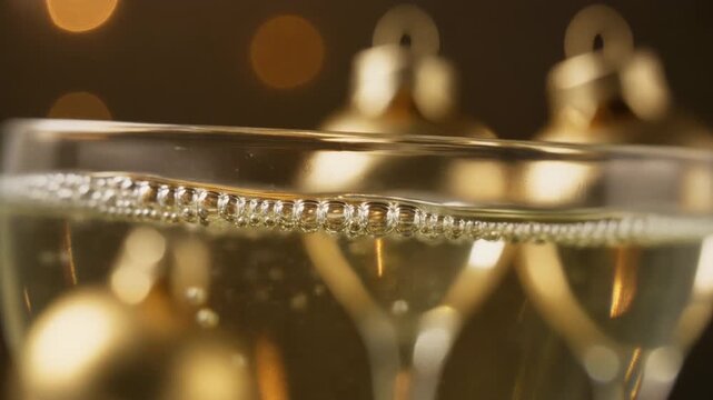 Macro Close-up of White Sparkling Wine Bubbles Racing Along the Inner Rim of a Glass, Elegant Full HD Celebration Video