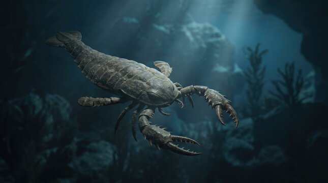Prehistoric Eurypterid Sea Scorpion Swimming in Ancient Ocean Depths, Realistic 3D Paleoart Illustration of Extinct Paleozoic Arthropod Predator for Science Education
