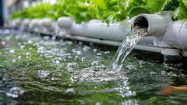 Nutrient recycling closed loop farming aquaponic water pipe flow over fish tank with green lettuce growing gentle movement creating peaceful leafy