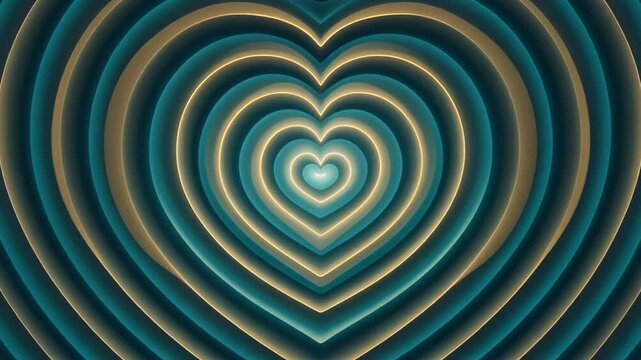 Seamless Loop of Concentric Heart Shapes Rippling Outwards with Soft Glowing Light, Serene Blue and Gold Motion Background for Valentine
