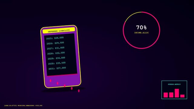 Mortgage rate anxiety is visualized through a glowing purple mobile interface showing rising annual financial debt percentages beside a dynamic circular ring graph and bar chart