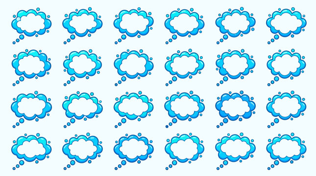 Collection of blue thought bubbles and speech bubbles.