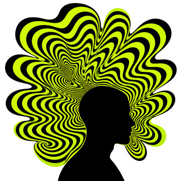 Psychedelic Mind Explosion A Silhouette Head Radiating Vibrant Neon Green and Black Swirling Patterns Symbolizing Intense Creativity Overthinking or a Mental Journey into Abstract Realms feelings emot