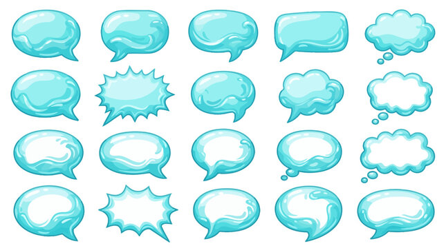 Collection of various blue speech bubbles and thought bubbles.