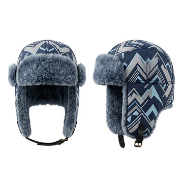 Blue and grey patterned trapper hat with faux fur ear flaps, shown from front and side views.