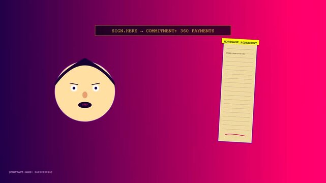 Mortgage rate anxiety is portrayed by a cartoon person staring at a paper contract while an intense pink and purple gradient illuminates the entire scene
