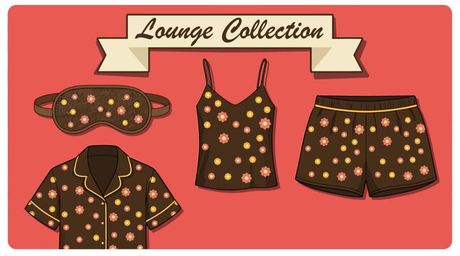 Elegant women's loungewear set, featuring a coordinated brown polka dot sleep mask, camisole, shorts, and button-up shirt, perfect for relaxation