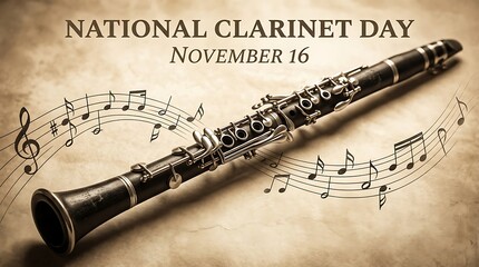 Obraz premium Vintage clarinet instrument with musical notes celebrating national clarinet day on november sixteenth