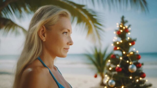Beautiful Young Woman in Blue Bikini on a Tropical Beach with a Christmas Tree, Cinematic 1080p Holiday Travel Concept Video