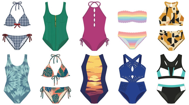 Collection of stylish women's swimwear, including bikinis and one-piece suits in various patterns and colors for beach and pool activities